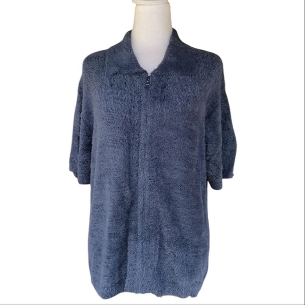 Anthropologie Standard Cloth Navy Blue Fuzzy Knit Zip Front Polo Shirt Small